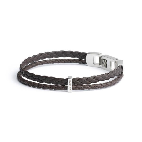 Doppeltes Armband aus braunem italienischem Nappaleder mit versilberter Oberfläche - Duo Brown